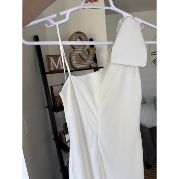 Mac Duggal Ieena FLAWED NWT White Sheath Gown One-Shoulder Bow Slit Dress 8 - Picture 6 of 11